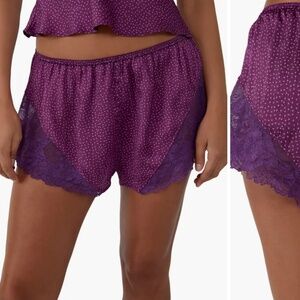 NWT Free People Dotted Lace Trim Pajama Shorts, purple, Size Small